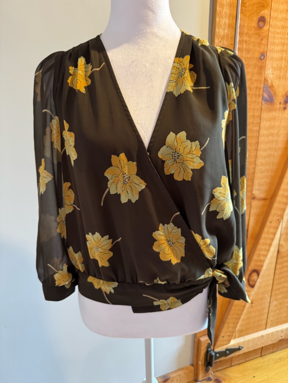 Madewell Olive Green Floral Wrap Blouse with Yellow Floral Print, M